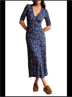 Boden Navy Rebecca Botanical-Print Jersey Midi Dress- size 4R US